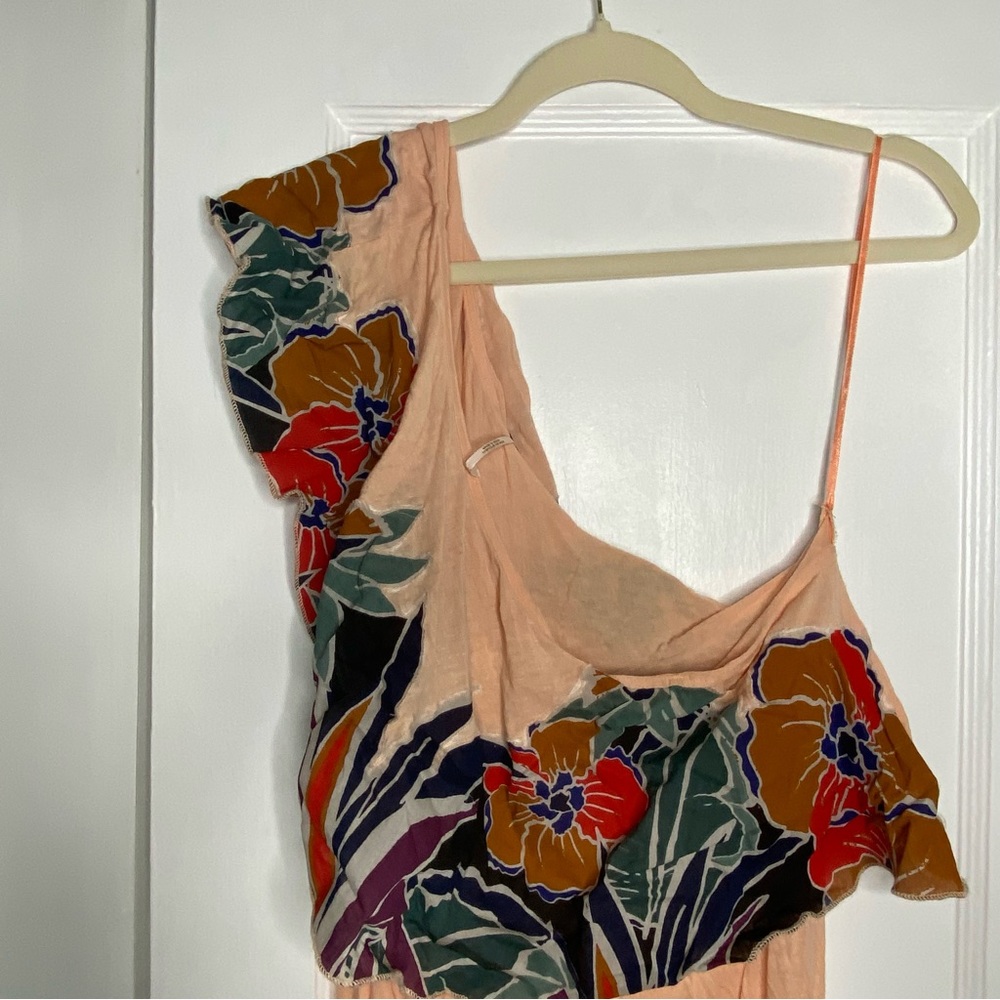 Free People Annka Bubble Tropical One Shoulder Vacation Blouse In Peach Medium - Picture 7 of 15